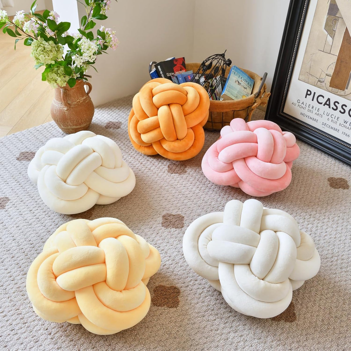 Xuyier Knot Pillow Ball, 12" Decorative Throw Pillows for Couch Bed, Beige