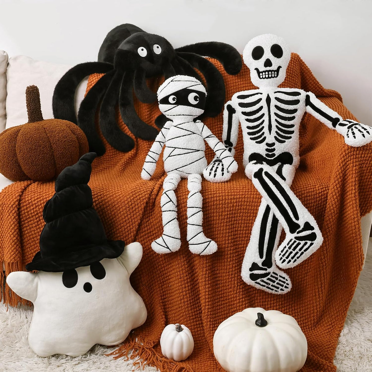 Bunny Chorus Halloween Decor Throw Pillows: Cute Plush White Ghost Pillow with Black Hat, Soft Stuffed Fun Ghost Cushion Halloween Decorations Indoor for Kids Home Sofa Bed Office Couch Living Room