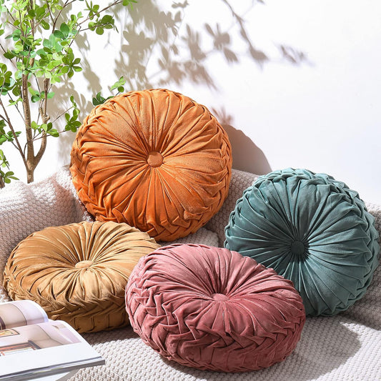 Kathfly 4 Pcs Round Throw Pillows Velvet Pleated Pillows, Vintage Colors