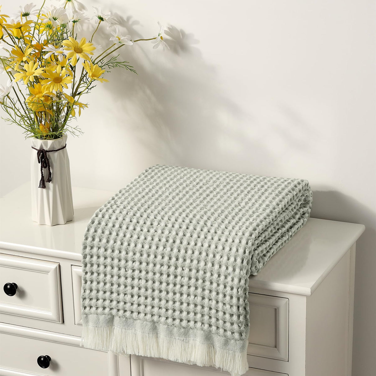 CREVENT Farmhouse Boho Knitted Throw Blanket for Couch Sofa Chair Bed Home Decoration, Soft Warm Cozy Light Weight for Spring Summer Fall (50''X60'' Off White/Ivory/Cream)