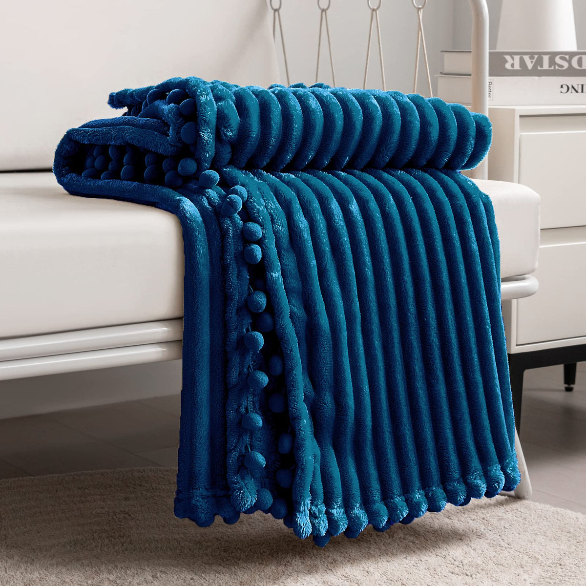 DISSA Fleece Blanket Throw Size – 51x63, Yellow Soft, Plush, Fluffy, Fuzzy, Warm, Cozy Perfect for Couch, Bed, Sofa - with Pompom Fringe Flannel