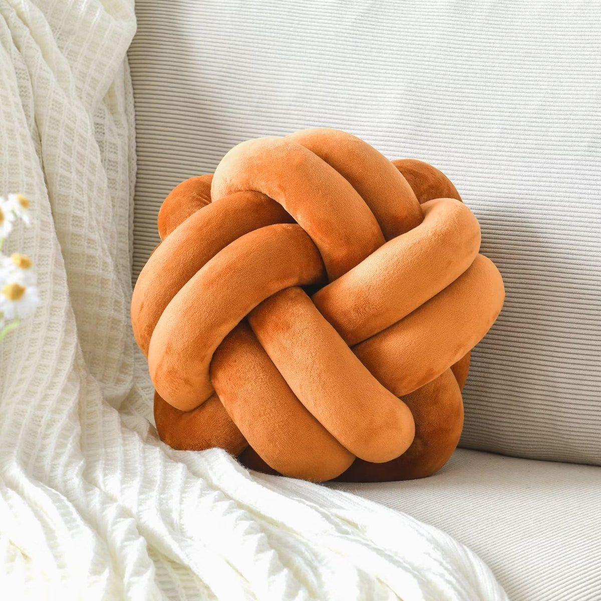 Knot Pillow Ball, Soft Home Decorative Throw Pillows Cushion, Round Changeability Knotted Pillows, Modern Home Handmade Cushions for Bedroom, Sofa, Couch (8 Inch, White)