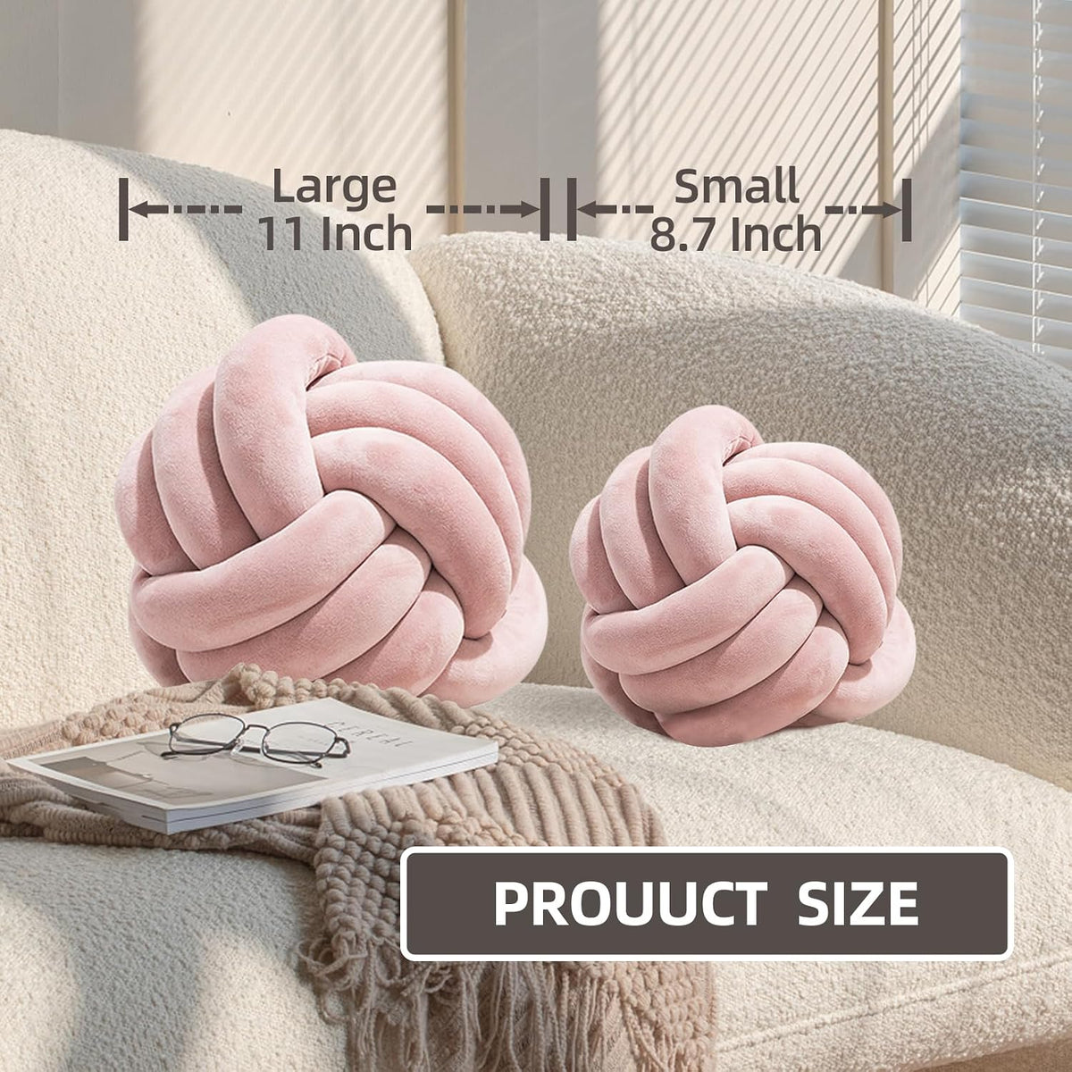 2 Pcs Knot Ball Pillow Black Throw Pillows Plush Round Cushion 8.7"