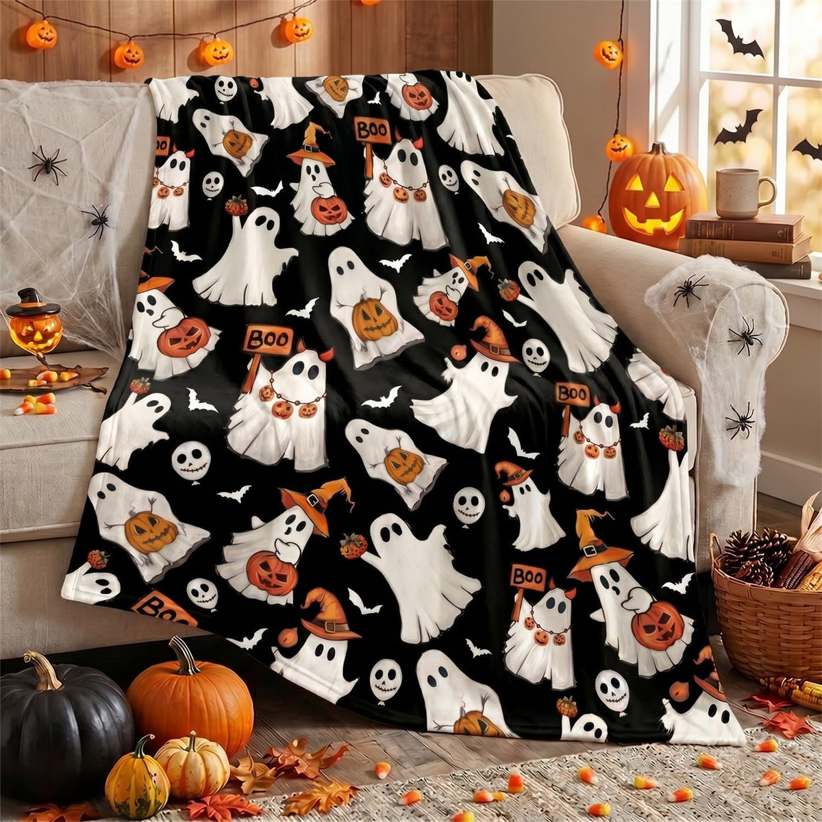 Horaldaily Halloween Black Ghost Pumpkin Skulls Flannel Throw Blanket 50x60