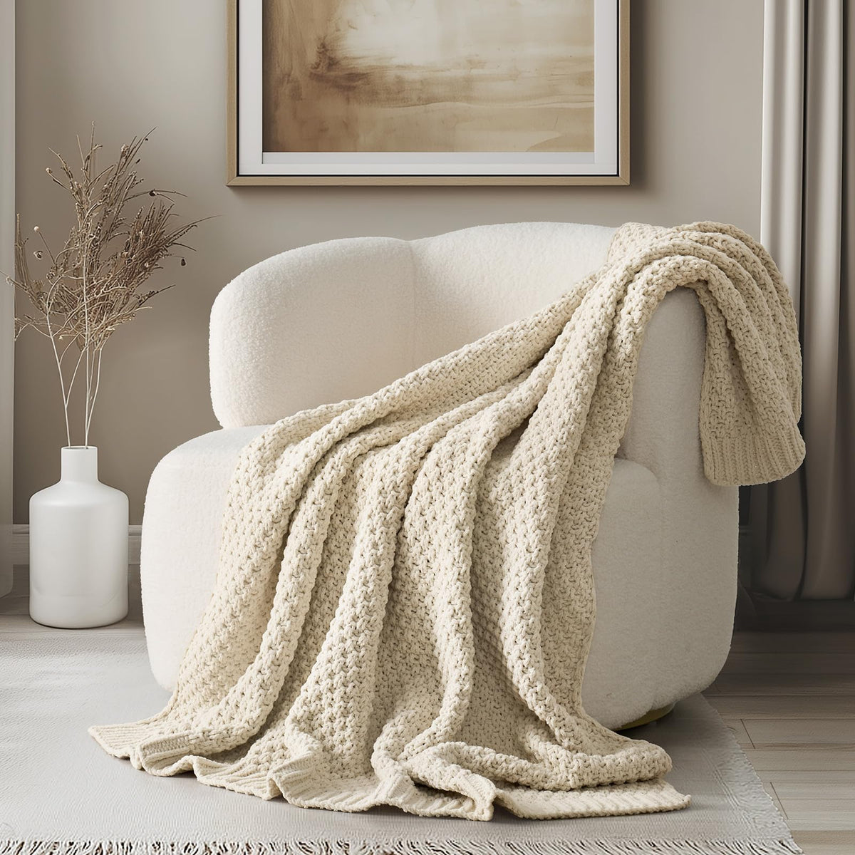 EVERGRACEHOME Chunky Chenille Knit Throw Blanket, 50 x 60, Olive Green