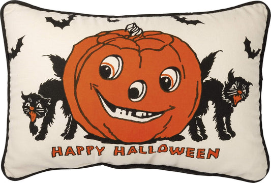 Primitives by Kathy Retro-Inspired Halloween Throw Pillow, 15 x 10-Inch, Vintage-Inspired Cotton Pillow from Our Halloween Collection/Happy Halloween Front Sentiment/Jack-O'Lantern/Black cat Design