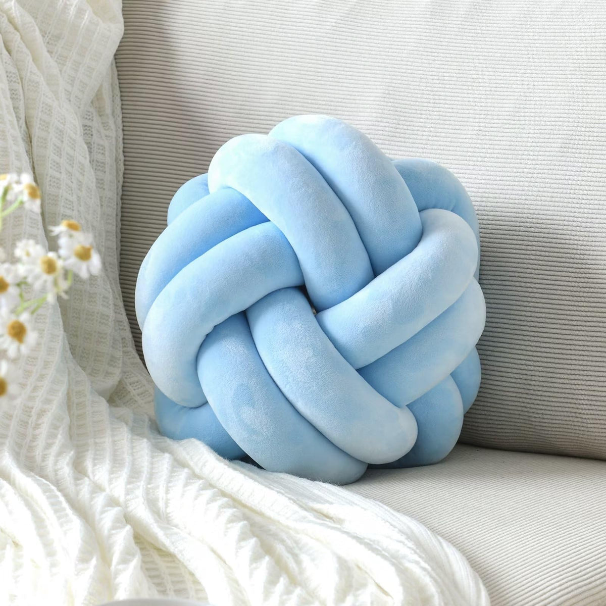 Knot Pillow Ball, Soft Home Decorative Throw Pillows Cushion, Round Changeability Knotted Pillows, Modern Home Handmade Cushions for Bedroom, Sofa, Couch (8 Inch, White)