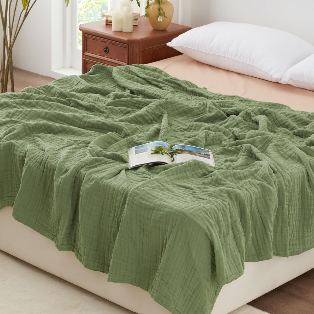 Love's cabin 100% Cotton Muslin Blanket, 6 Layer Lightweight Breathable Gauze Throw Blanket 50 x 60 Inches, Soft All Season Blanket for Couch, Bed, Sofa, Beige