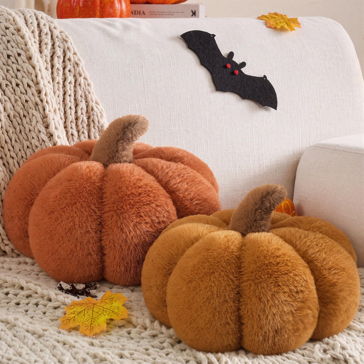 Wonderjune 2 Pcs Plush Pumpkin Pillows,Burnt Orange+Ivory White