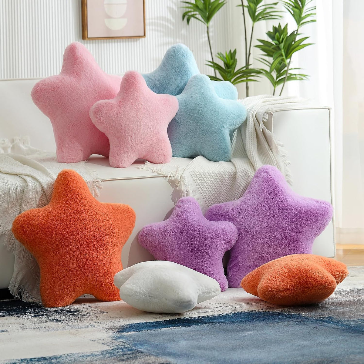 YRXRUS Star Pillows, Light Blue Star Shaped Pillow, Decorative Throw Pillow Gifts, Cute Plush Room Decor, Fluffy Faux Rabbit Fur 14"x14"Pillows for Living Bedroom