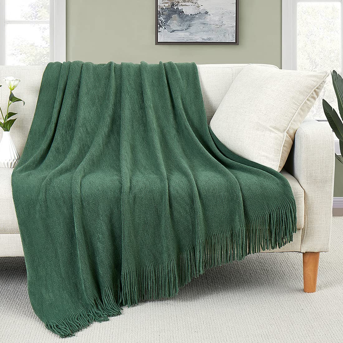 Homiest Pale Blue Knitted Throw Blanket with Fringe, 50x60 Inch