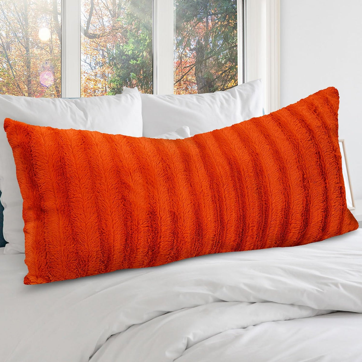 Cheer Collection Faux Fur Long Body Pillow - Accent Throw Pillow for Bed and Couch - Decorative Lumbar Pillow with Insert, Black (18" x 40")