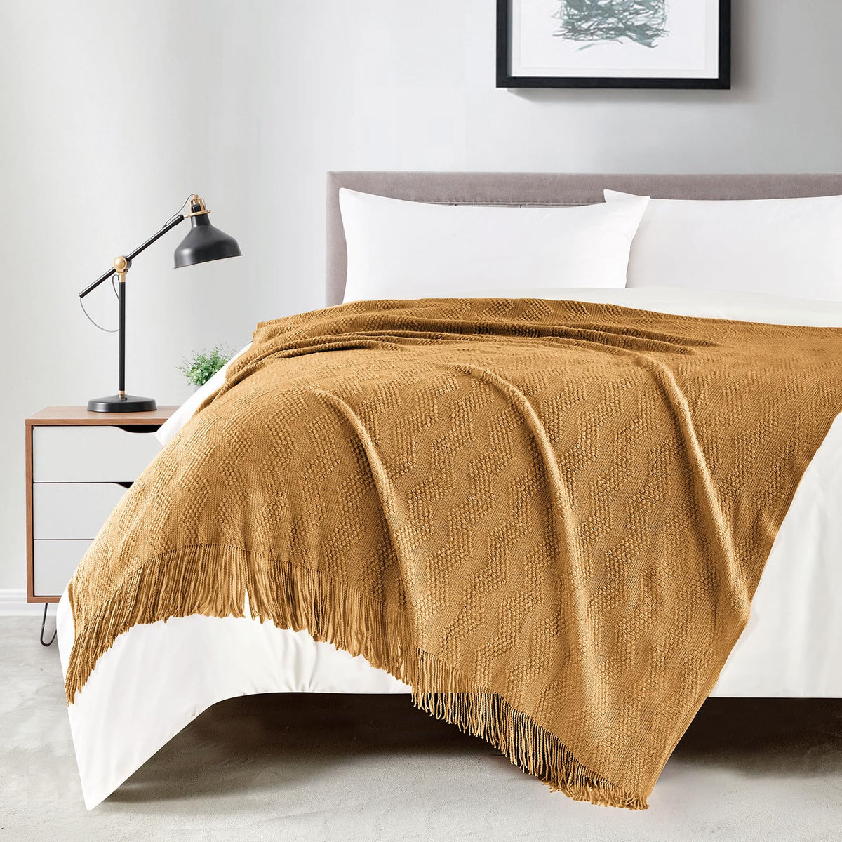 BOURINA Beige Throw Blanket 50x60 Inch Boho Knitted Soft Throw Sofa Blanket