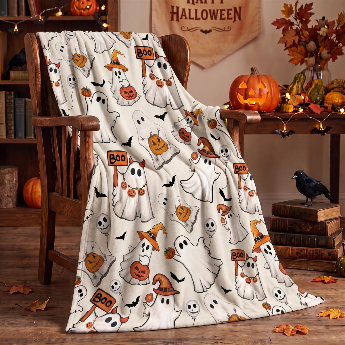 Horaldaily Halloween Black Ghost Pumpkin Skulls Flannel Throw Blanket 50x60