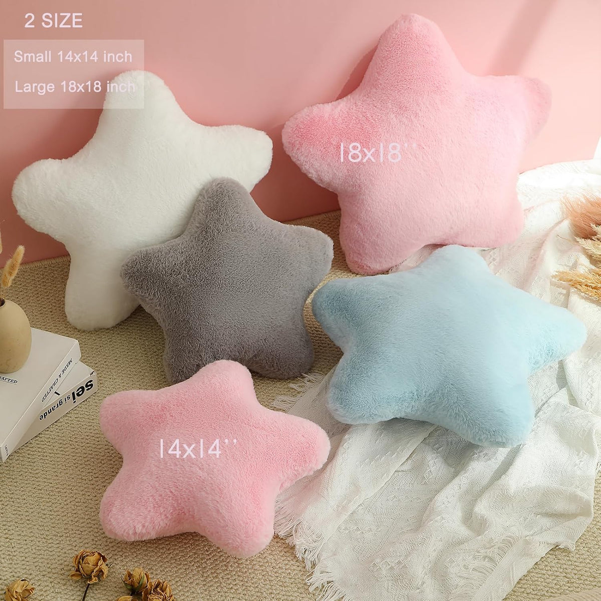 YRXRUS Star Pillows, Light Blue Star Shaped Pillow, Decorative Throw Pillow Gifts, Cute Plush Room Decor, Fluffy Faux Rabbit Fur 14"x14"Pillows for Living Bedroom