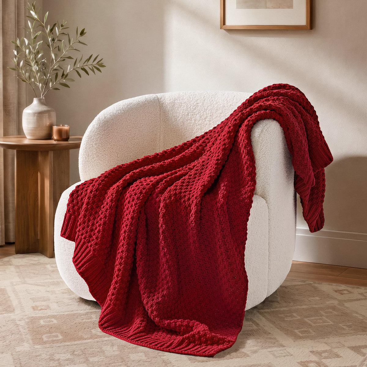 EVERGRACEHOME Chunky Chenille Knit Throw Blanket, 50 x 60, Olive Green