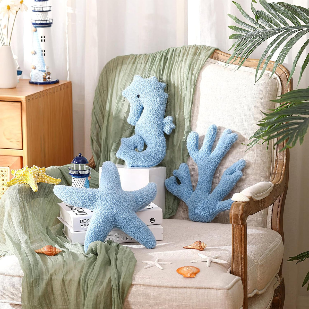 Suzile 3 Pcs Blue Starfish Coral Pillows 11.8 Inch