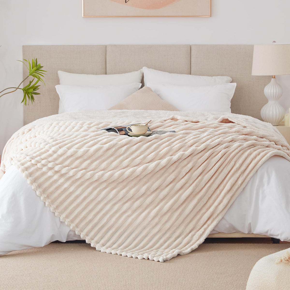 EXQ Home Stripe Jacquard Throw Blanket Light Purple for Couch Gentle Soft