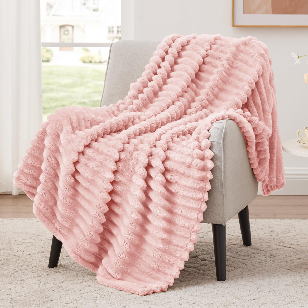 EXQ Home Stripe Jacquard Throw Blanket Light Purple for Couch Gentle Soft