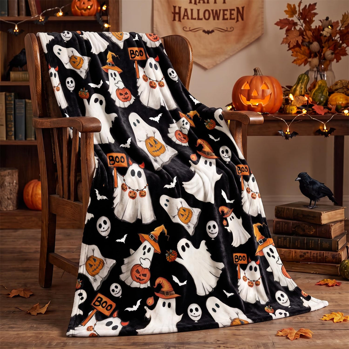 Horaldaily Halloween Black Ghost Pumpkin Skulls Flannel Throw Blanket 50x60