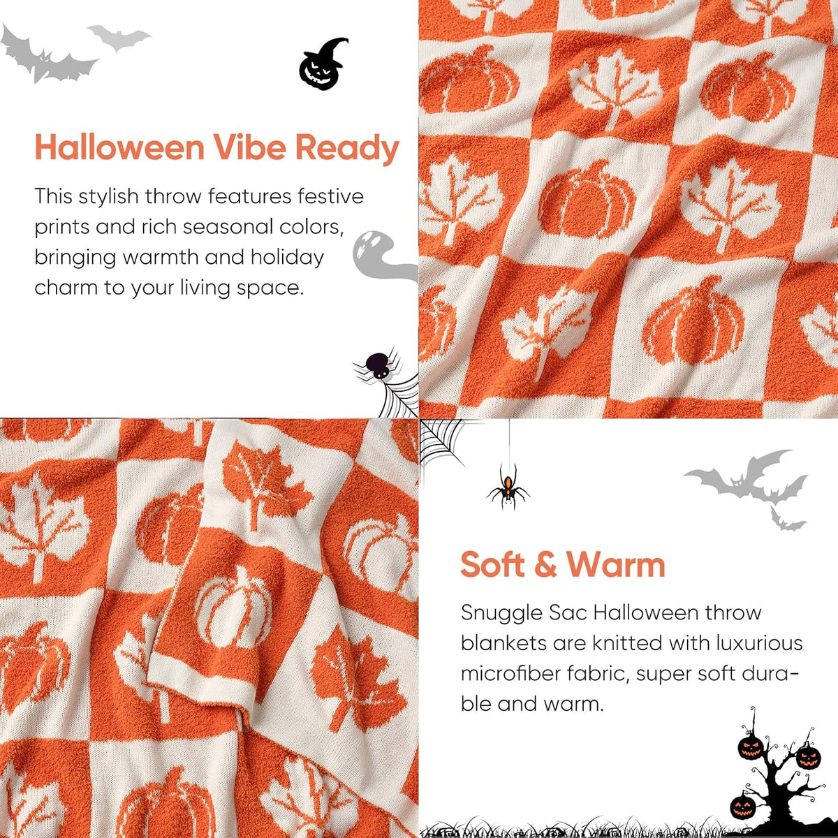 Snuggle Sac Fall Checkered Blanket Orange Pumpkin Maple Leaf Throw Blanket for Couch,Halloween Soft Cozy Luxury Decoration Blanket for Sofa Bed Living Room,50×60 inches