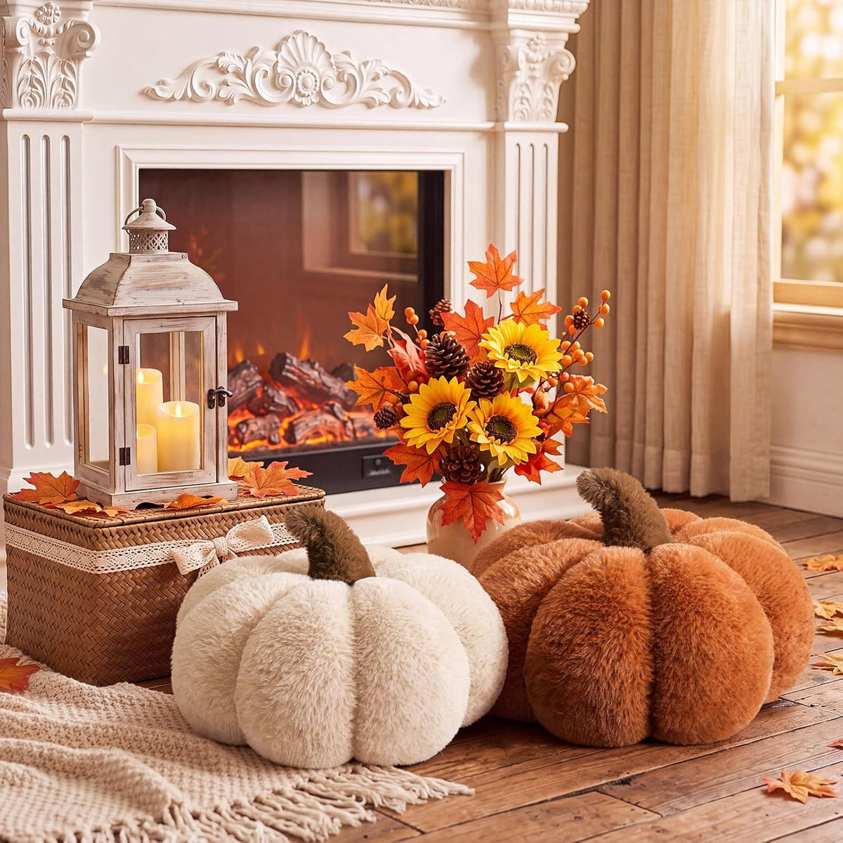 Wonderjune 2 Pcs Plush Pumpkin Pillows,Burnt Orange+Ivory White