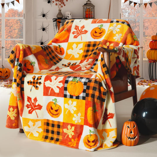 ROMROL Halloween Fleece Throw Blanket Pumpkin Fall Plaid Blanket 50x60