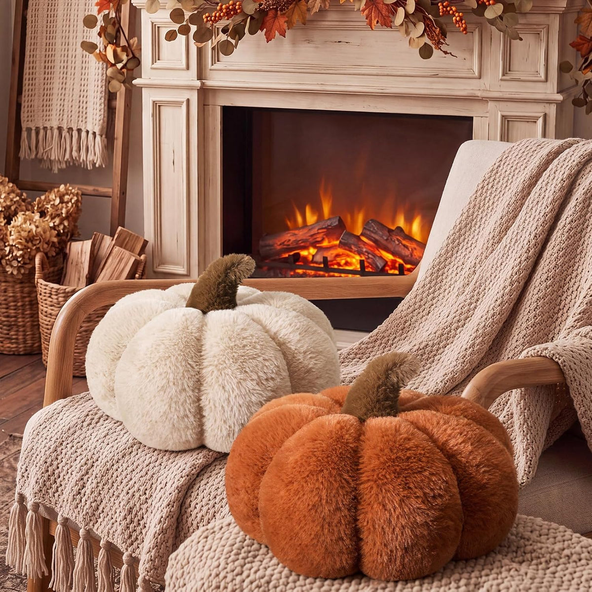 Wonderjune 2 Pcs Plush Pumpkin Pillows,Burnt Orange+Ivory White