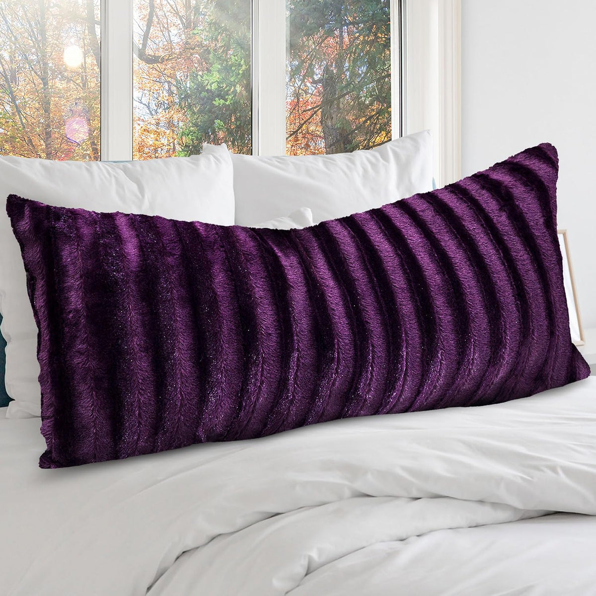 Cheer Collection Faux Fur Long Body Pillow - Accent Throw Pillow for Bed and Couch - Decorative Lumbar Pillow with Insert, Black (18" x 40")