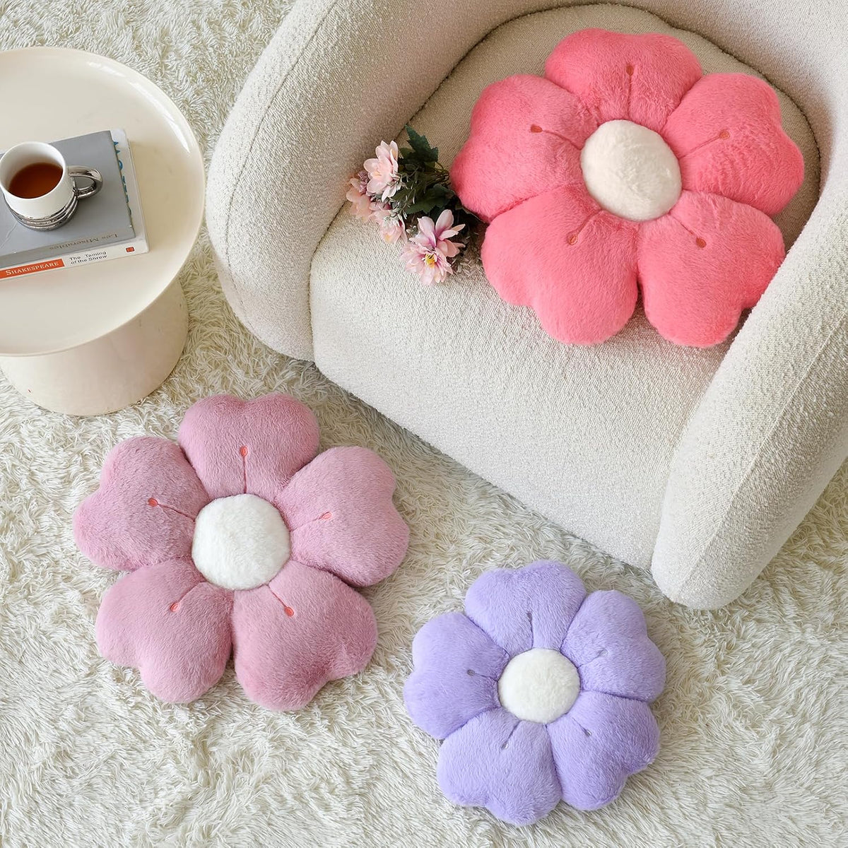 Flower Shaped Pillow, Cute Decorative Throw Pillow with Soft Artificial Rabbit Fur for Couch Bed Chair Floor, Flower Pillows Seating Cushions with Room Décor for Bedroom Living Room (14.9" Lavender)