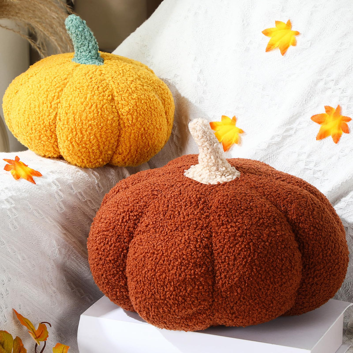 Queekay 2 Pcs Pumpkin Pillow Fall Decor Cushions, Beige, Large