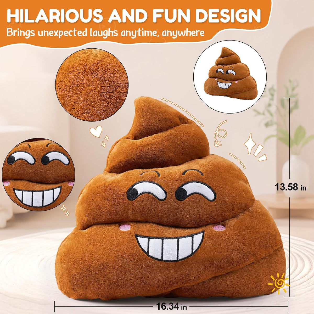 Farting Poop Plush Pillow with Sound – 20 Hilarious Fart Sounds, Soft & Durable Gag Gift for Friends, Coworkers & Prank Lovers, Fun Home Office Party Decoration