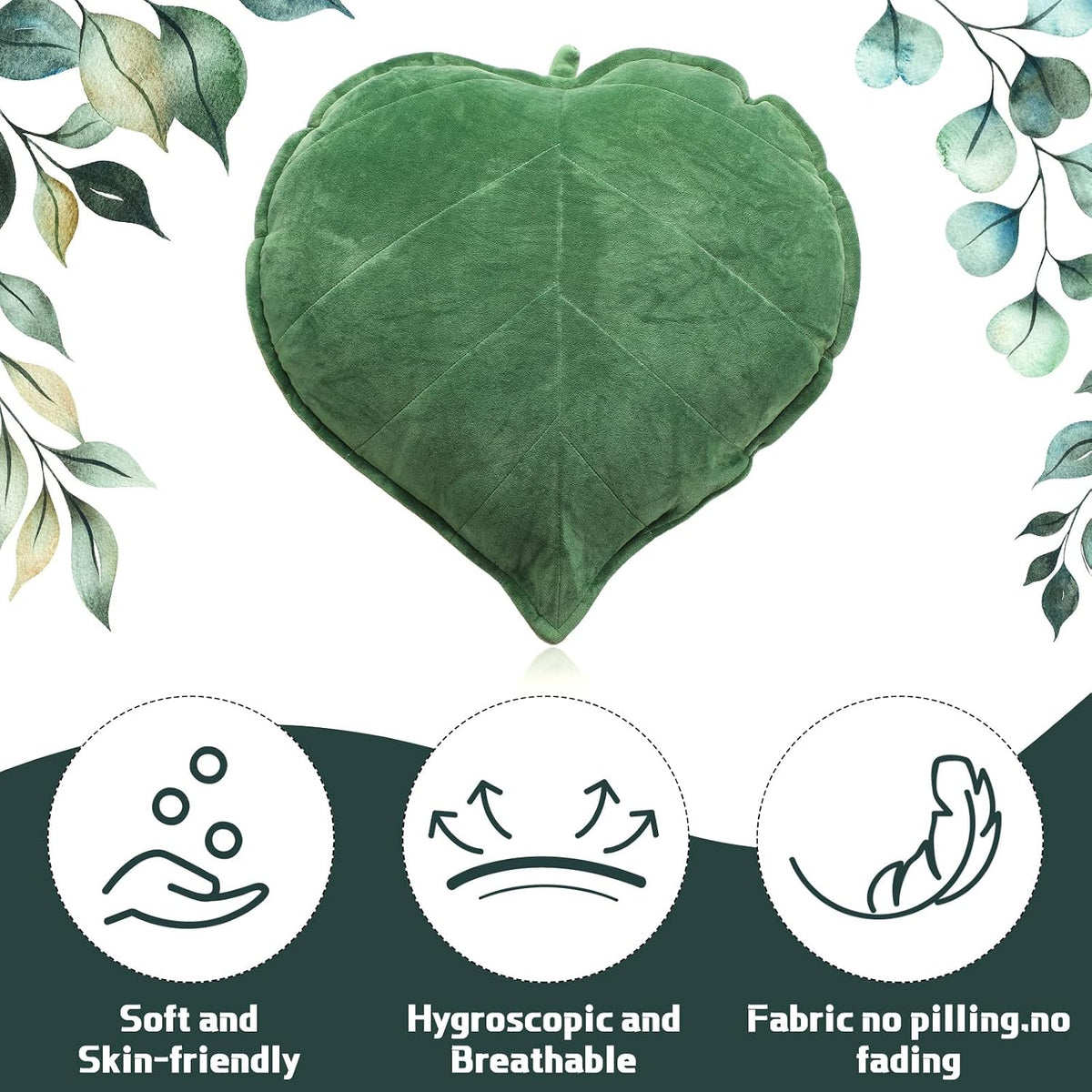 Yookeer 2 Pcs Heart Leaf Throw Pillows 3D Shaped for Couch,Dark Green