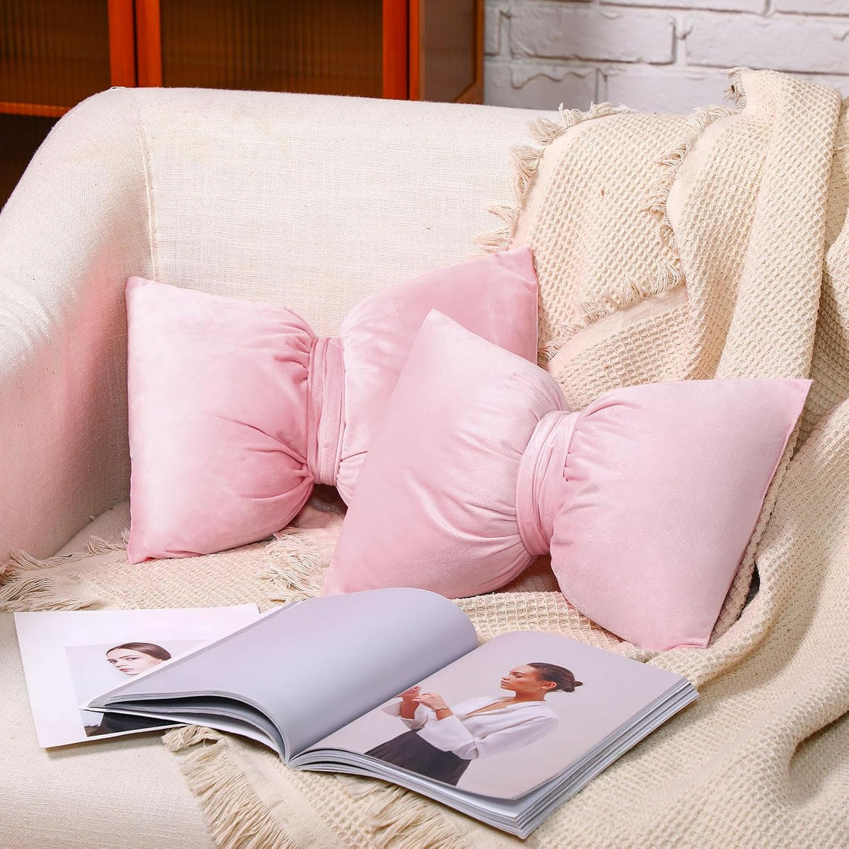 Beeveer Pink 2 Pcs Coquette Bow Pillow Velvet Bow Decor
