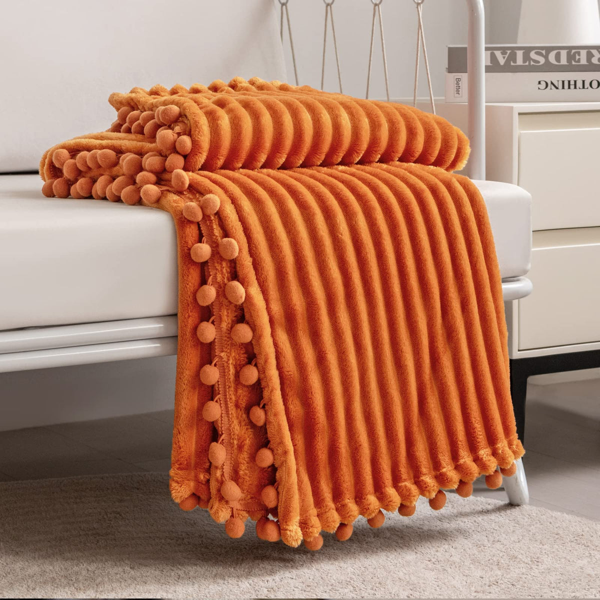DISSA Fleece Blanket Throw Size – 51x63, Yellow Soft, Plush, Fluffy, Fuzzy, Warm, Cozy Perfect for Couch, Bed, Sofa - with Pompom Fringe Flannel
