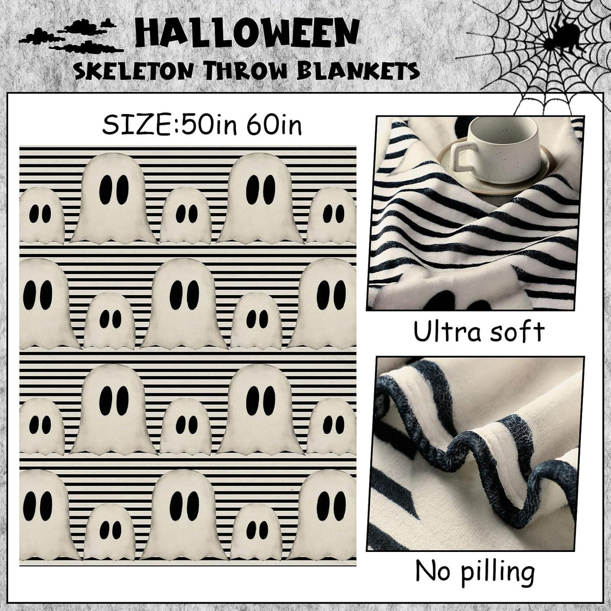 FuWeave Halloween Throw Blanket Cute Ghost Blanket Black and White Striped