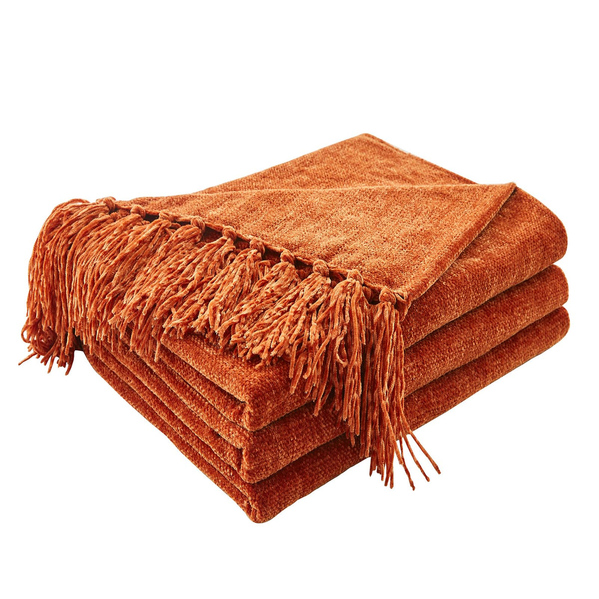 CozeCube Chenille Throw Blanket, Rust Orange Fringe Blanket, 50"X60"