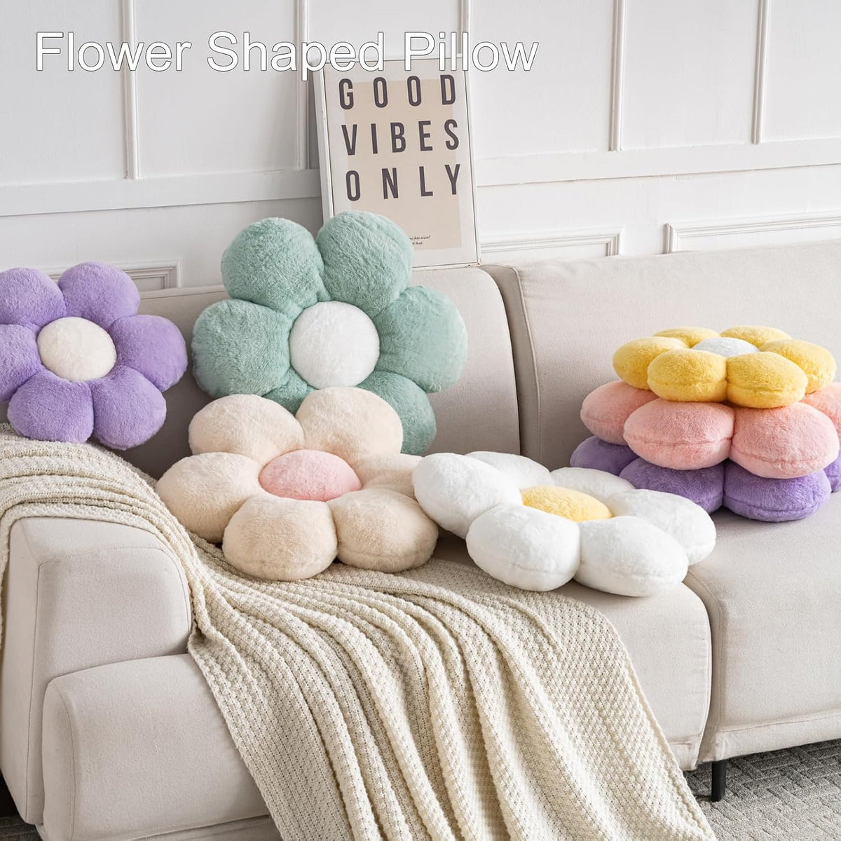 Flower Pillows, Decorative Pillows for Couch, Cute Daisy Pillow for Bed, Flower Shaped Decorative Throw Pillow Room Decor (White, 14.9 Inches)