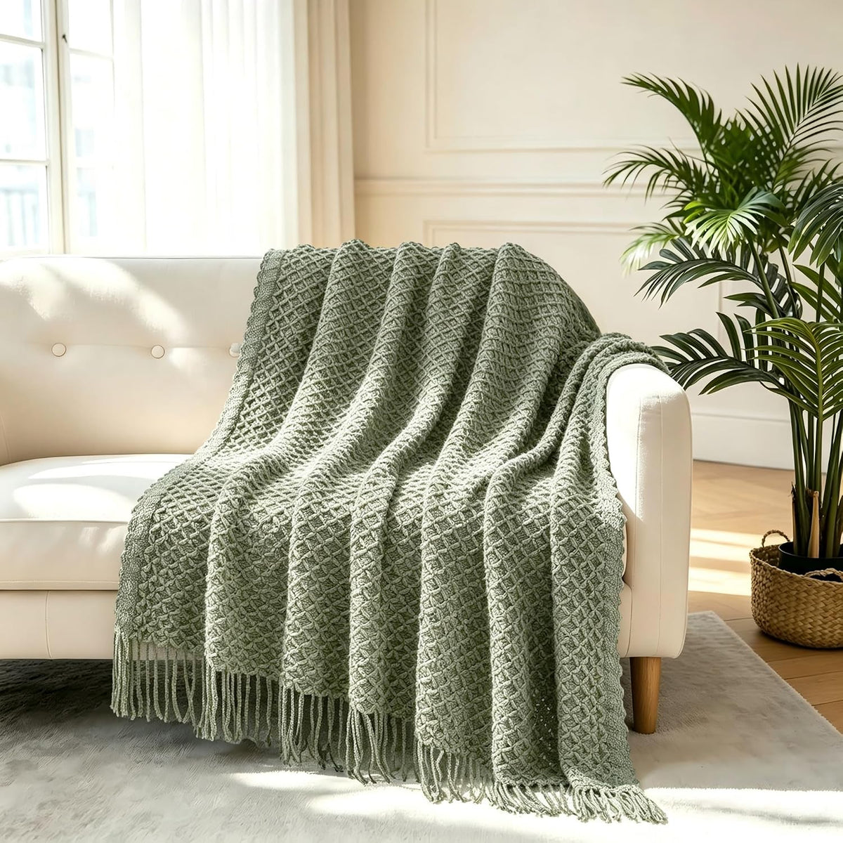 CREVENT Farmhouse Boho Knitted Throw Blanket for Couch Sofa Chair Bed Home Decoration, Soft Warm Cozy Light Weight for Spring Summer Fall (50''X60'' Sage Green)