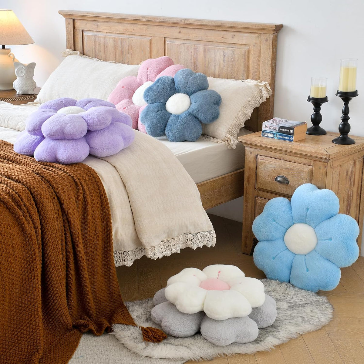 Flower Shaped Pillow, Cute Decorative Throw Pillow with Soft Artificial Rabbit Fur for Couch Bed Chair Floor, Flower Pillows Seating Cushions with Room Décor for Bedroom Living Room (14.9" Lavender)