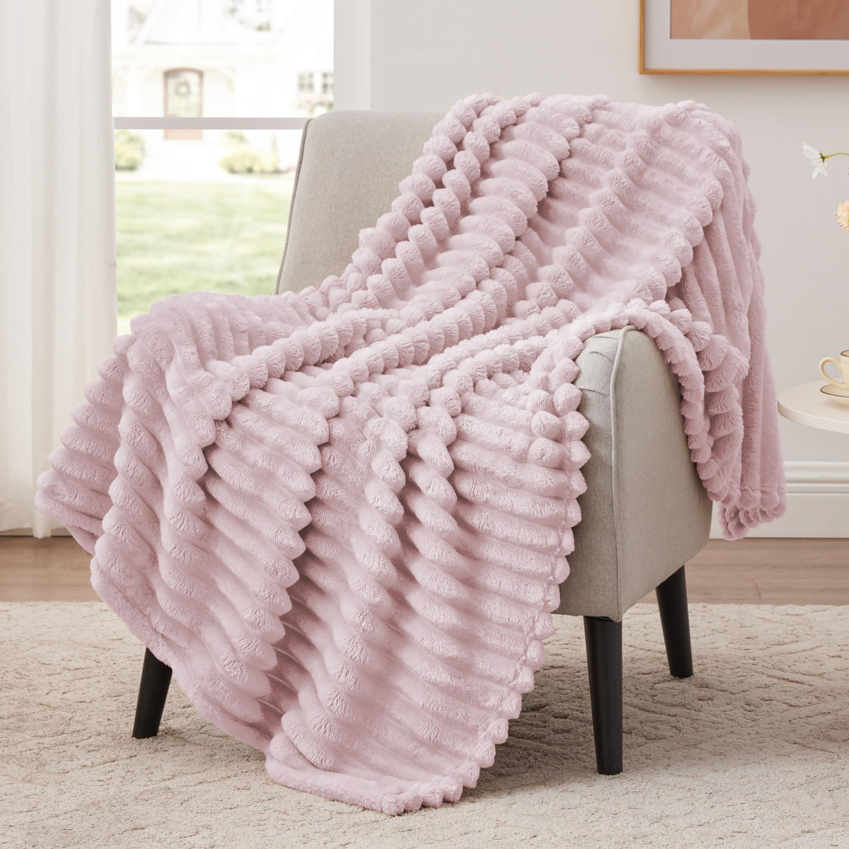 EXQ Home Stripe Jacquard Throw Blanket Light Purple for Couch Gentle Soft