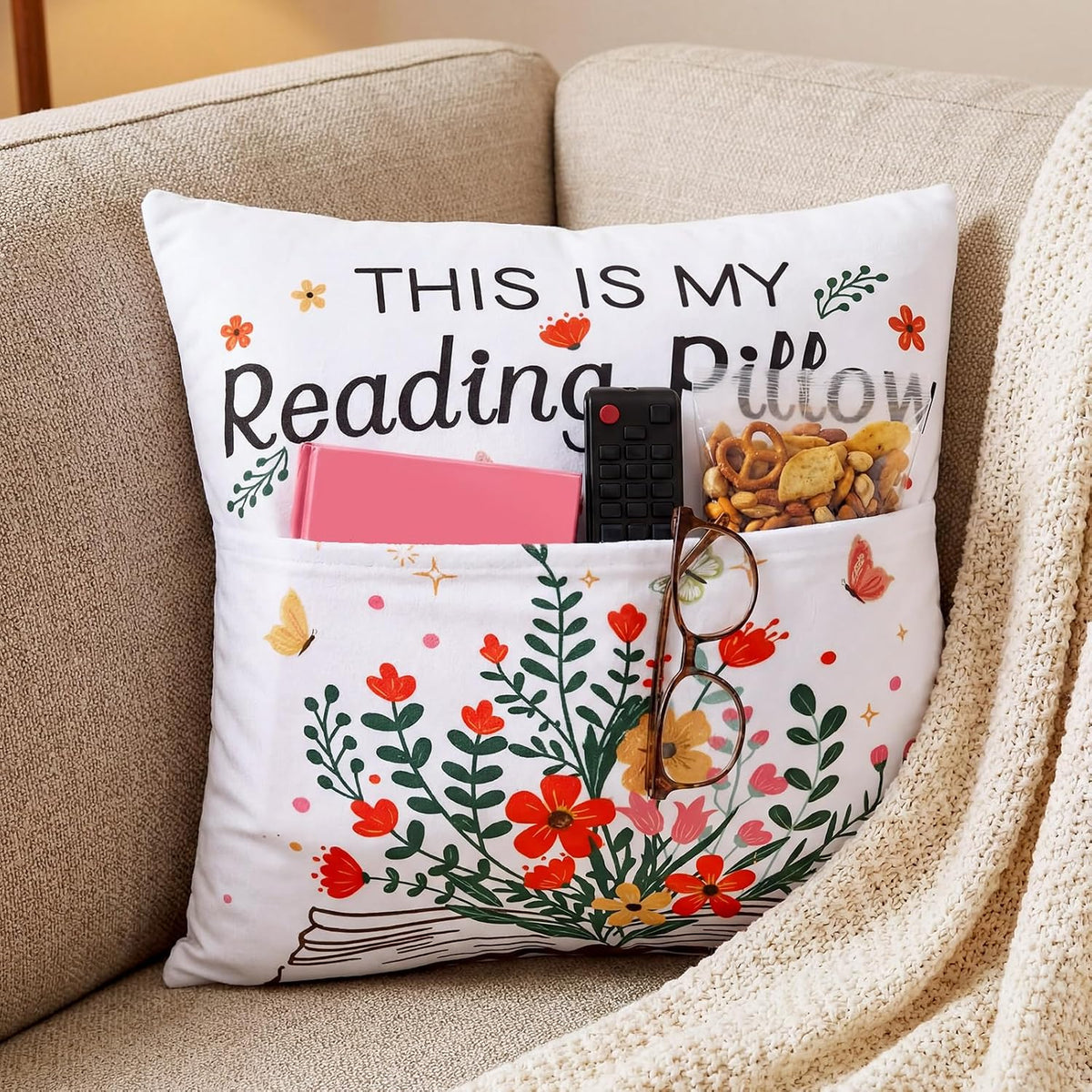 18 x 18 Inch This is My Reading Pillow with Flower