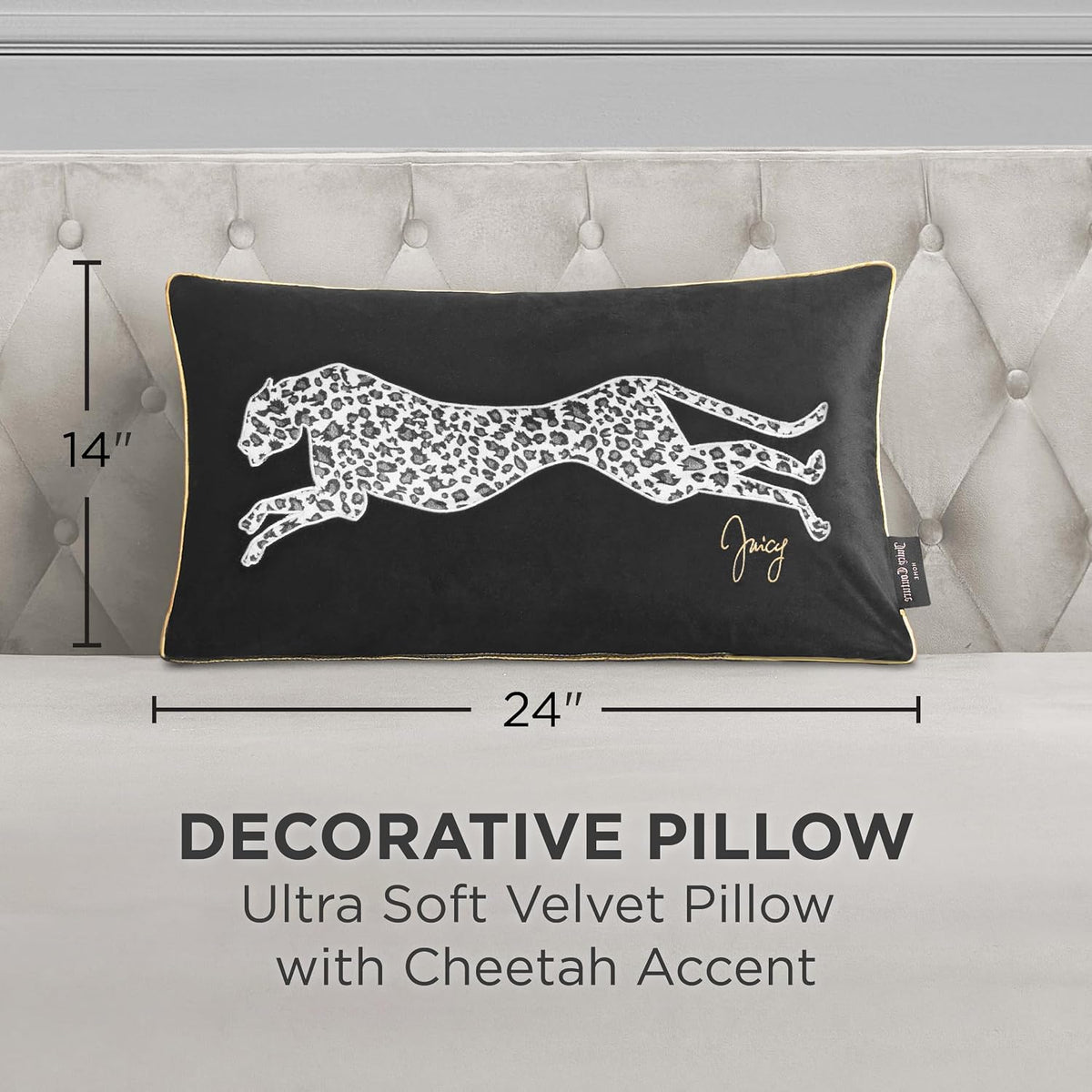 Juicy Couture Reversible Velvet Cheetah Pillow, 14" x 24" Decorative Pillow, Black