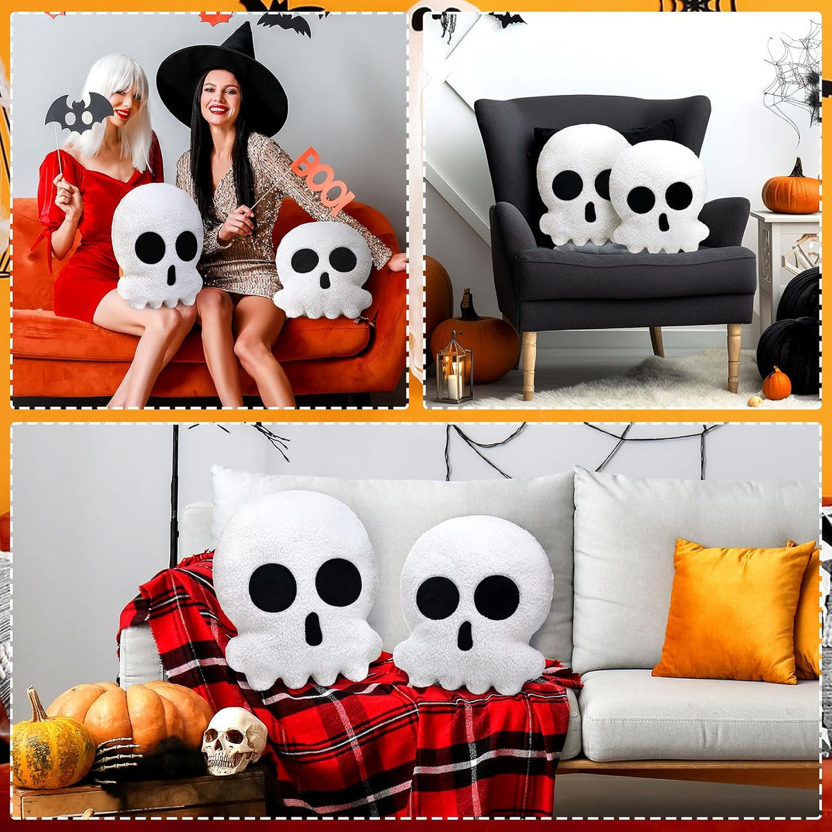Wonderjune 2 Pcs Halloween Skull Skeleton Pillows, Black and White Gothic