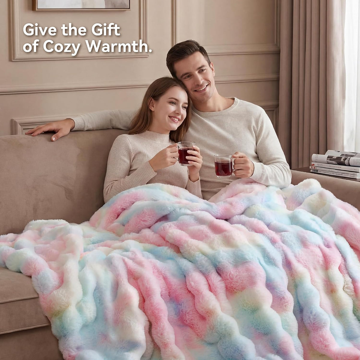 Smoofy Faux Rabbit Fur Throw for Couch - Rainbow Bubble Blanket 50"x60"