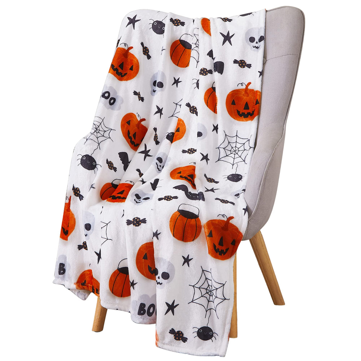 Halloween Fleece Throw Blanket, Black Bats on Gray, 50"x70" Oversized