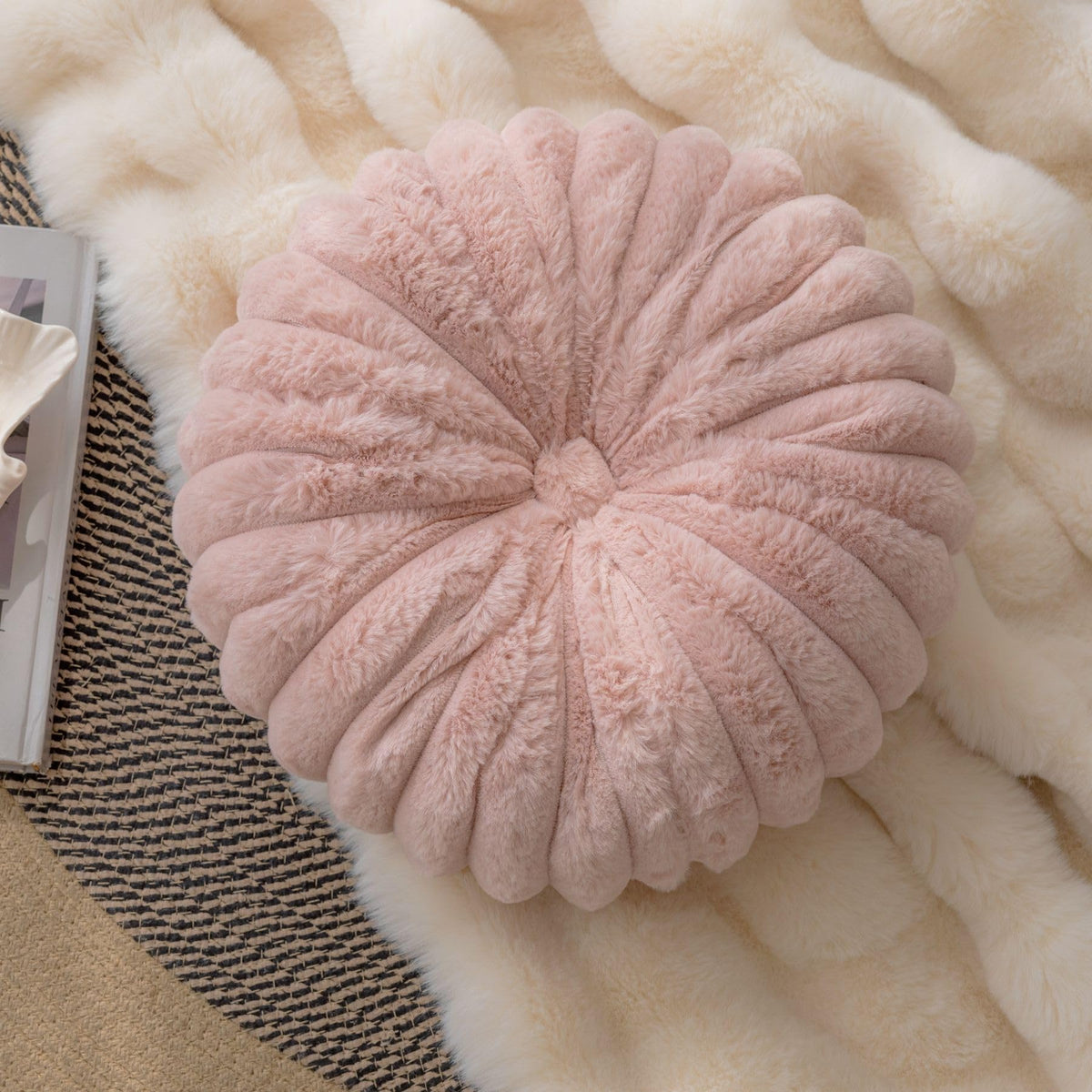 vctops Round Throw Pillow Soft Faux Fur Decorative Pillow Small Pumpkin Throw Pillow Cushion for Living Room Sofa Bed (White,13.7" Diameter)