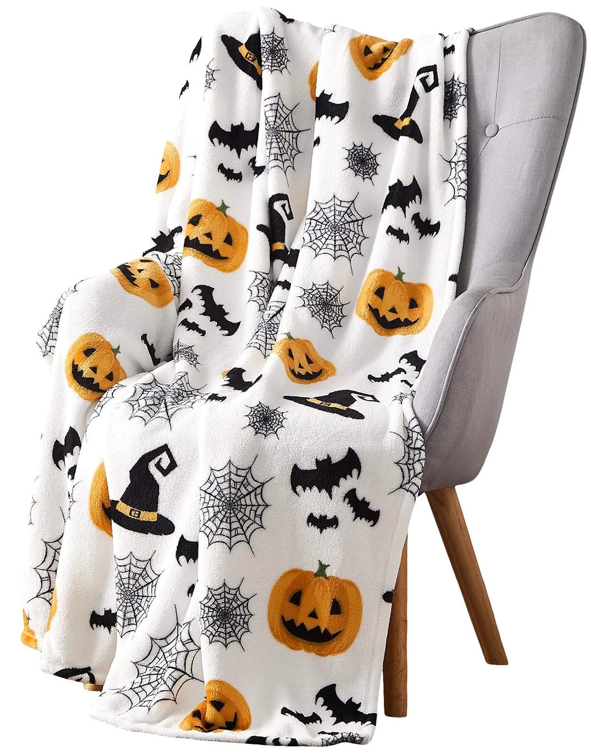 Halloween Fleece Throw Blanket, Black Bats on Gray, 50"x70" Oversized