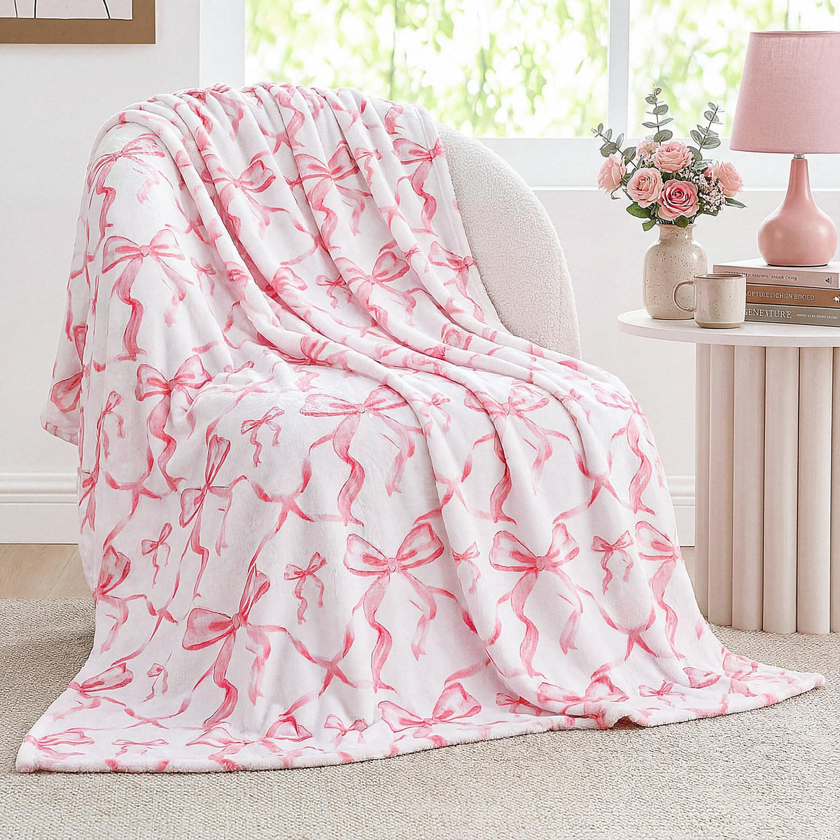 Buryeah Pink Bow Throw Blanket 50"x60" Soft Flannel for Girls Women