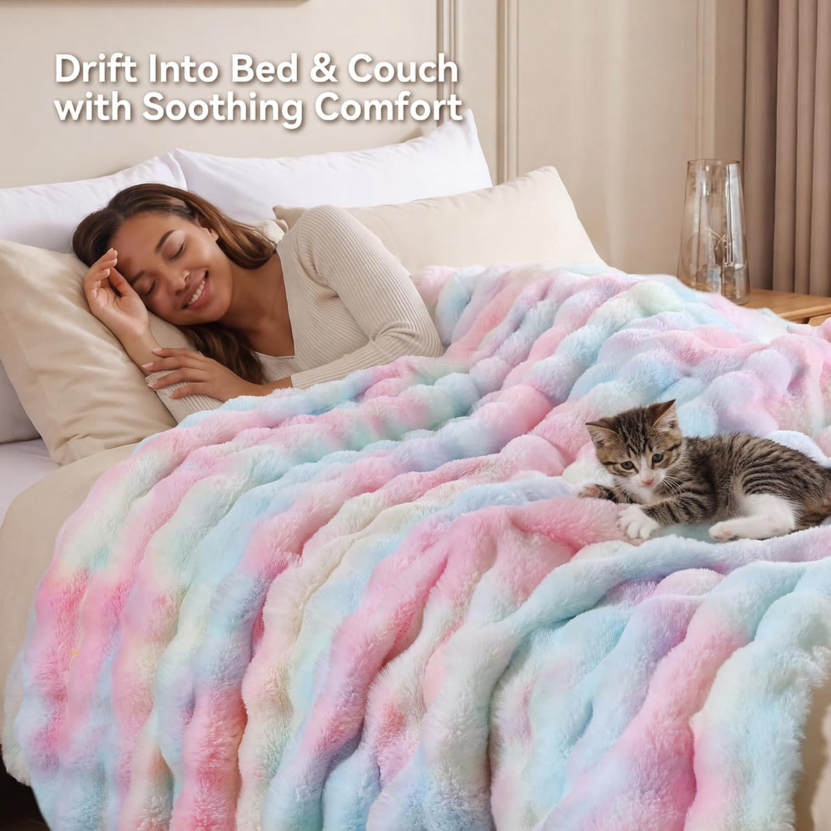 Smoofy Faux Rabbit Fur Throw for Couch - Rainbow Bubble Blanket 50"x60"